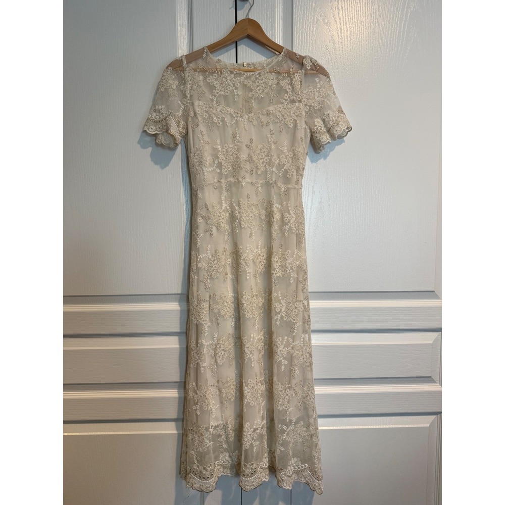 Babi Su Size S Ivory Embroidered Lace Midi Dress Sheer Sleeve Bridal Cottagecore